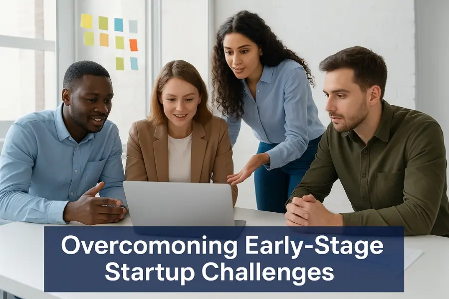 A diverse group of four startup professionals collaborating around a laptop in a bright, modern office with sticky notes on the wall, symbolizing teamwork, innovation, and overcoming early-stage startup challenges through collaboration and strategic planning.