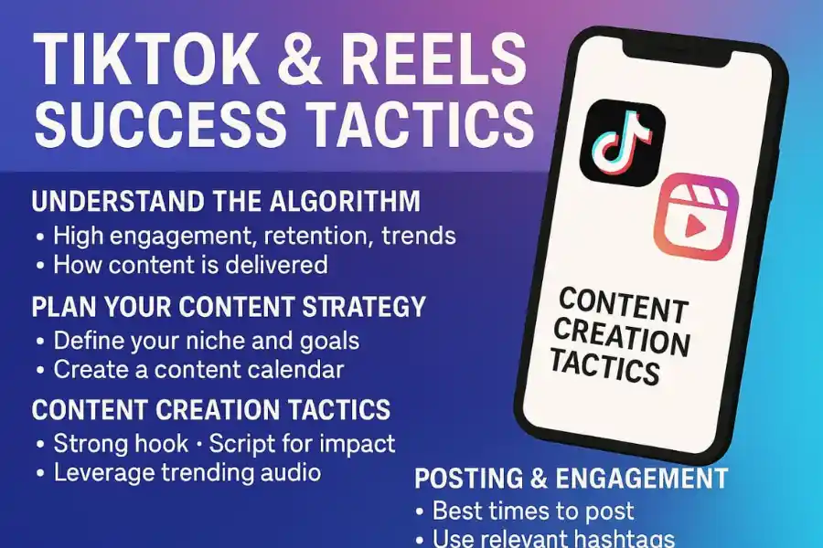 A digital graphic showing TikTok and Instagram Reels success tactics including algorithm tips, content planning, hook strategies, and engagement tips, with app icons on a smartphone and a colorful gradient background.