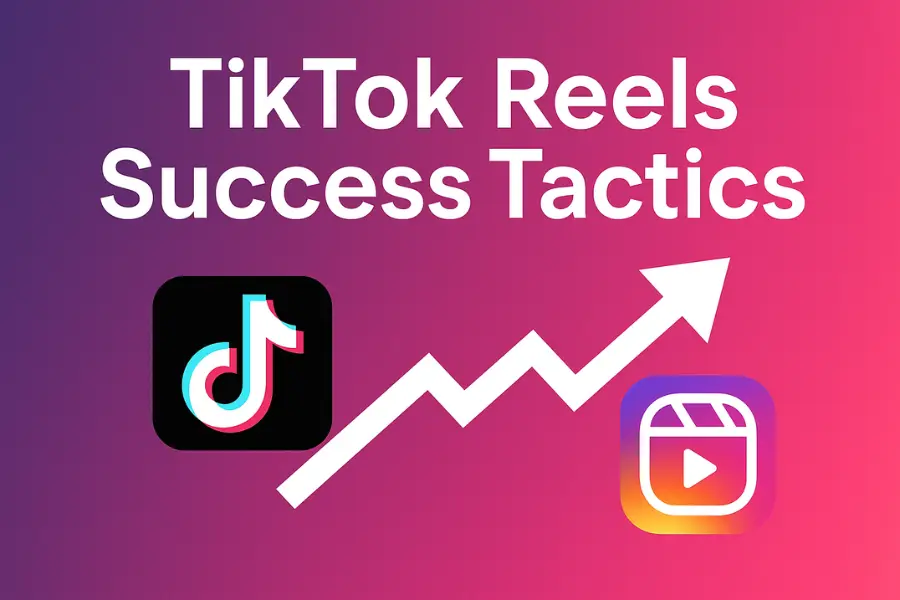 A digital image featuring the title "TikTok Reels Success Tactics" with icons of TikTok and Instagram Reels, vibrant gradient background, and dynamic social media elements.