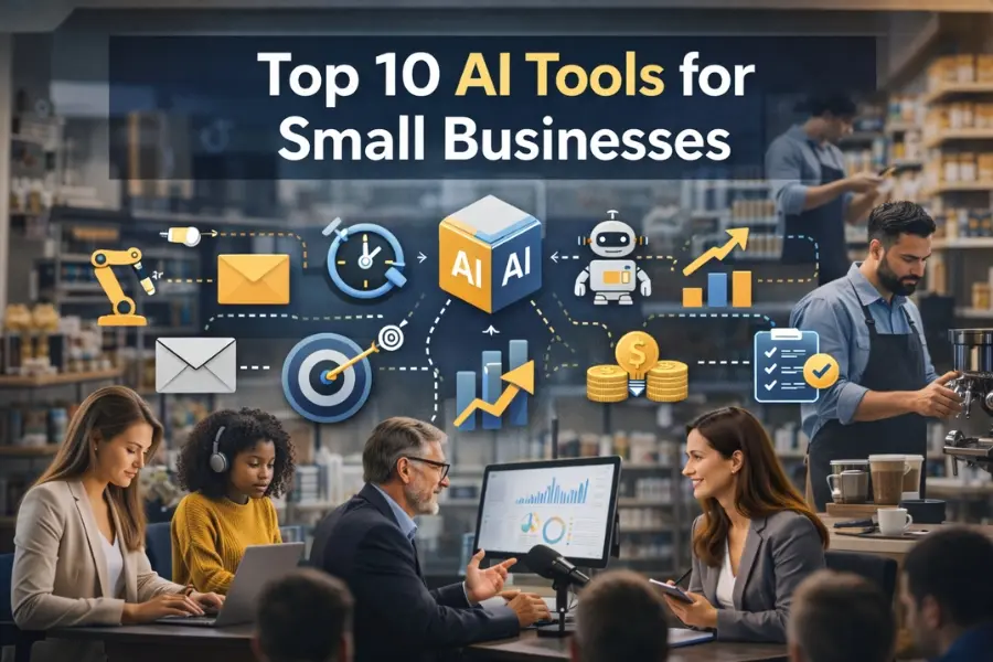 Top 10 AI Tools - Real-life small business owners using laptops and digital dashboards with AI icons representing automation, analytics, marketing, and business growth.