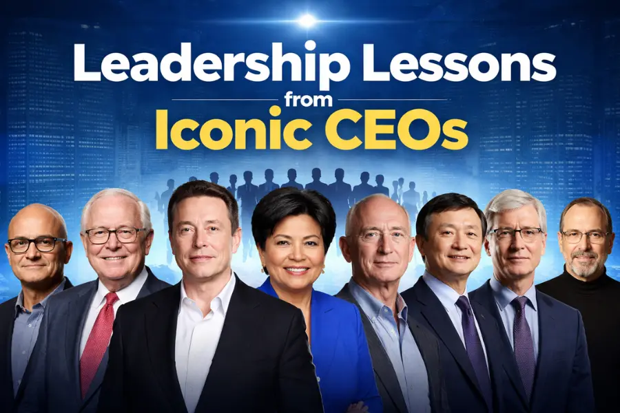 Banner image featuring iconic CEOs from left to right: Satya Nadella, Warren Buffett, Elon Musk, Indra Nooyi, Jeff Bezos, Jack Ma, Tim Cook, and Steve Jobs, with a cityscape background and the text “Leadership Lessons from Iconic CEOs” above.